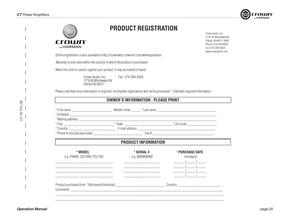 Product registration | Crown COMTECH DRIVECORE CT 875 User Manual | Page 25 / 28