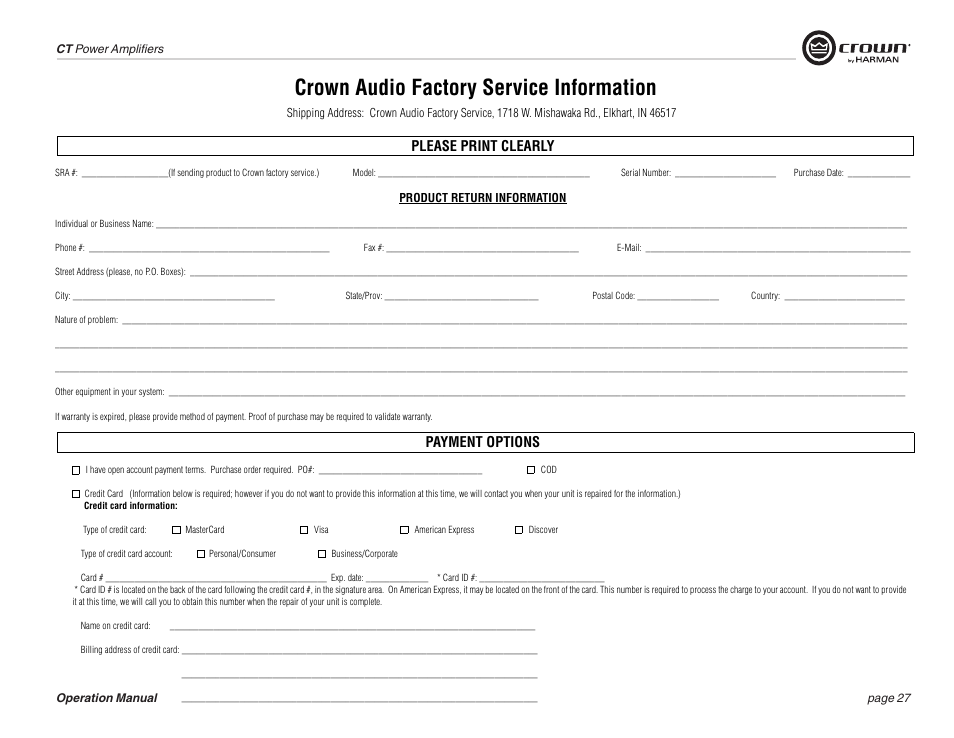 Crown audio factory service information, Please print clearly, Payment options | Crown COMTECH DRIVECORE CT 875 User Manual | Page 27 / 28