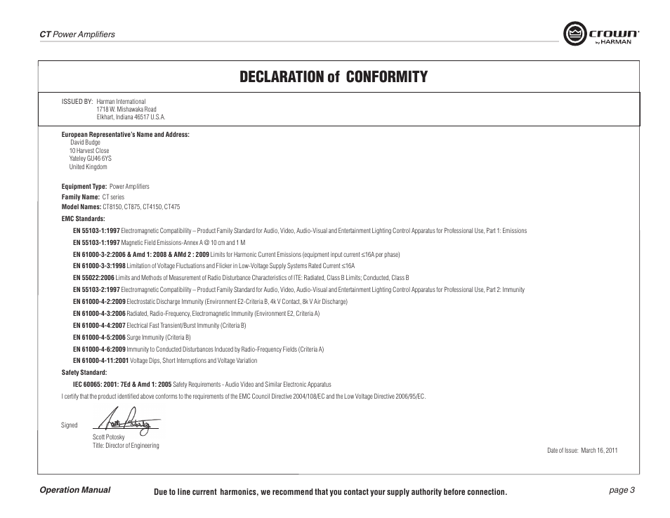 Declaration of conformity | Crown COMTECH DRIVECORE CT 875 User Manual | Page 3 / 28