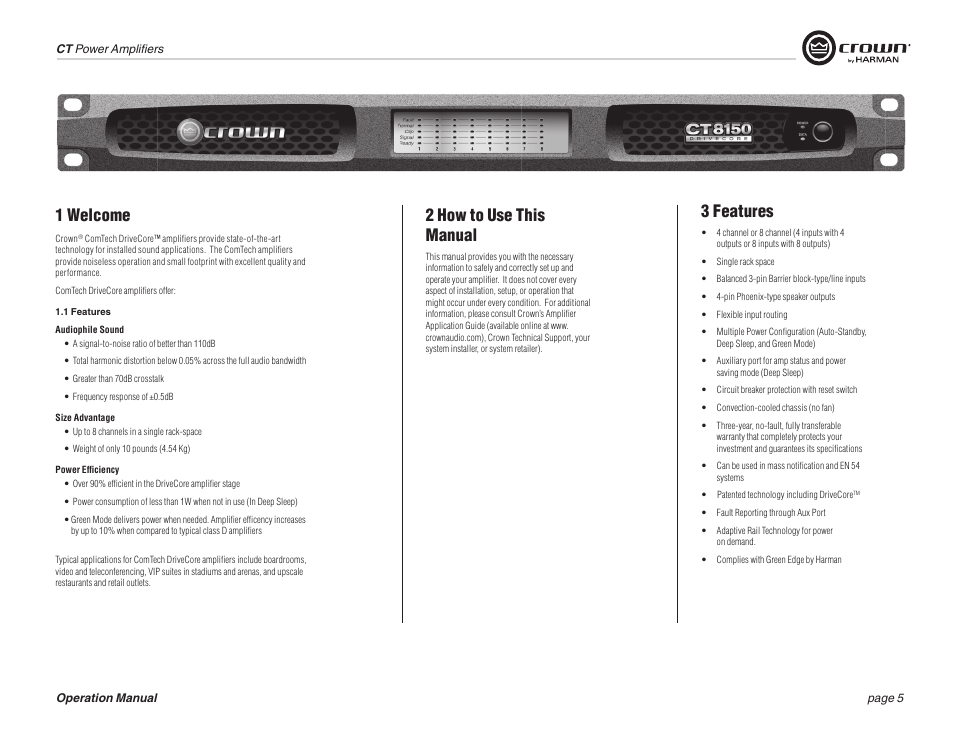 1 welcome, 2 how to use this manual, 3 features | Crown COMTECH DRIVECORE CT 875 User Manual | Page 5 / 28