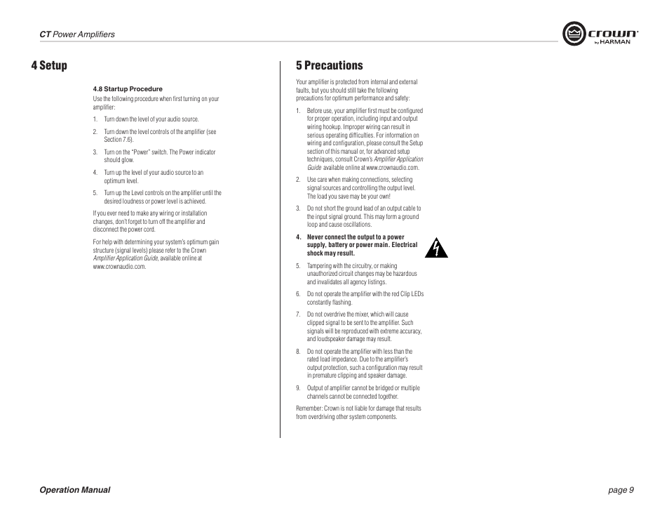 5 precautions, 4 setup | Crown COMTECH DRIVECORE CT 875 User Manual | Page 9 / 28