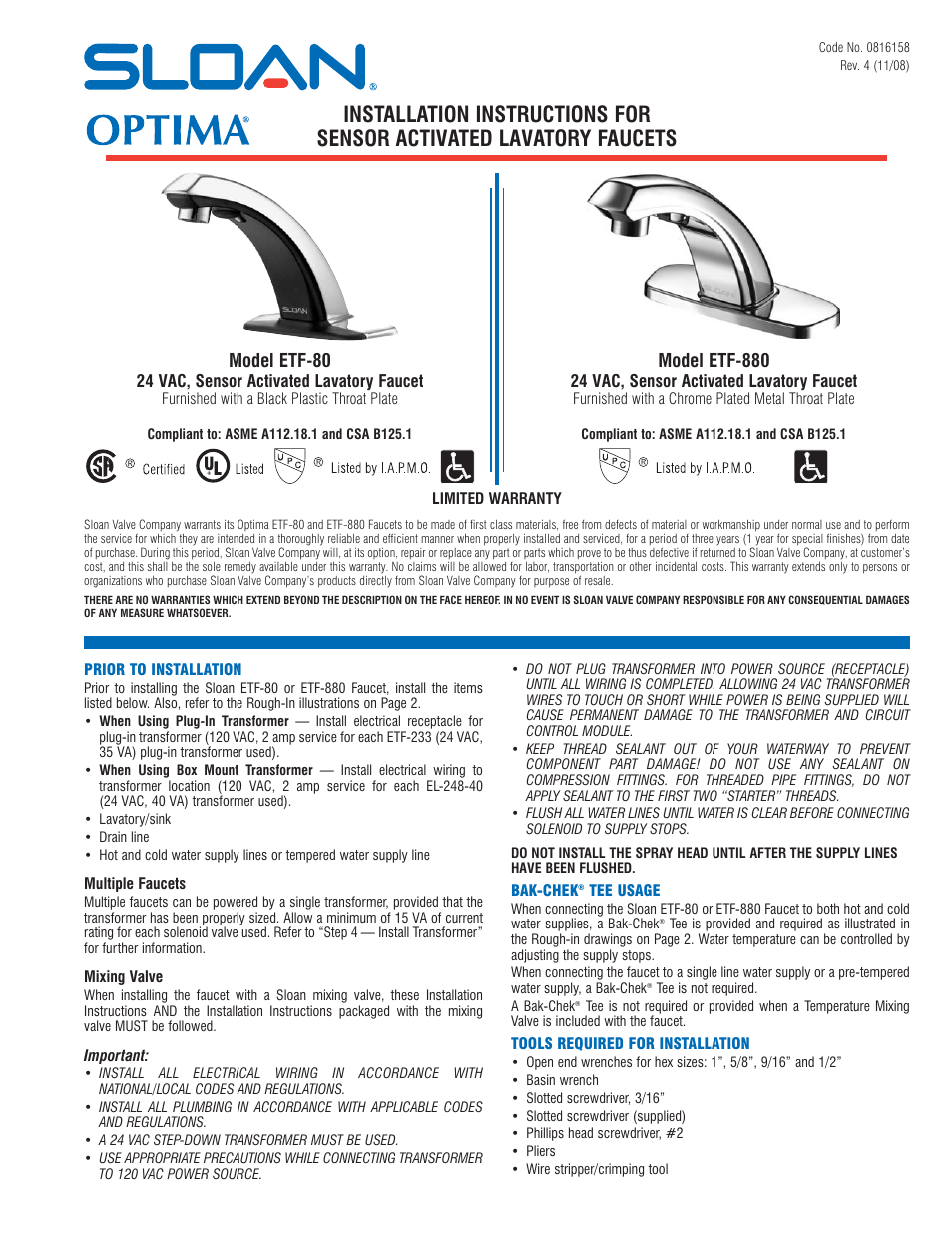 Sloan ETF-80 Faucet User Manual | 8 pages