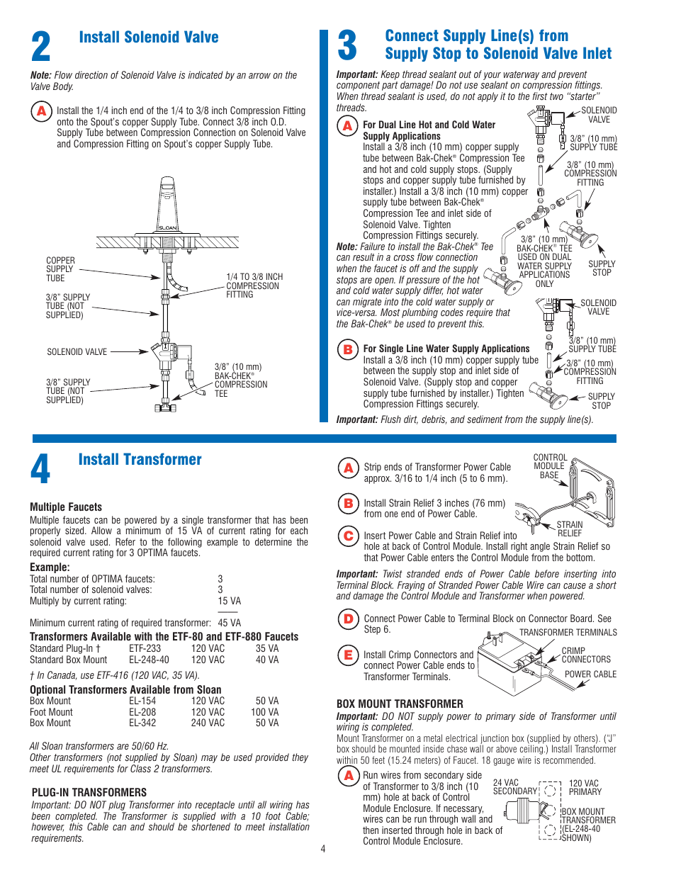 Install solenoid valve, Install transformer | Sloan ETF-80 Faucet User Manual | Page 4 / 8