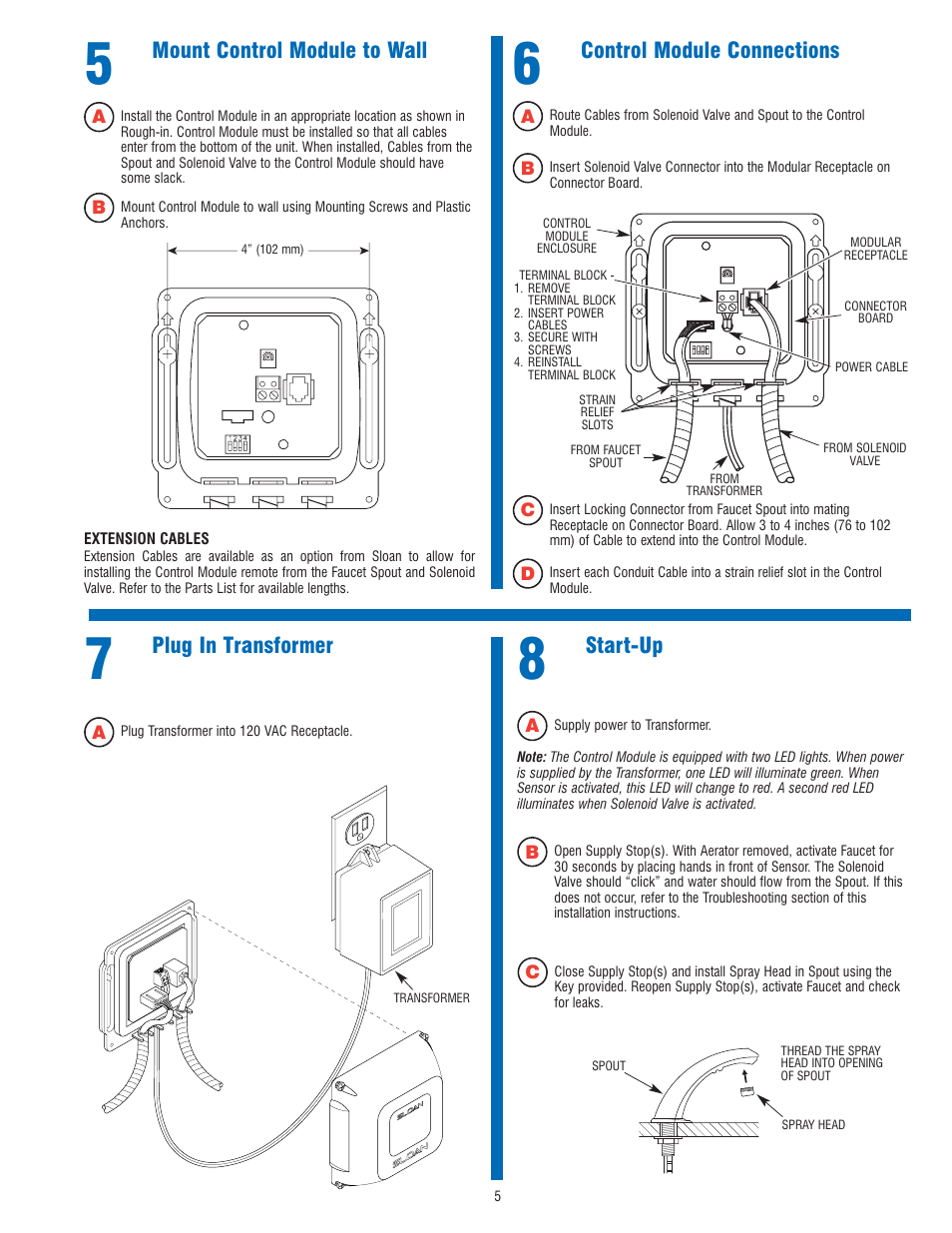 Mount control module to wall, Control module connections, Plug in transformer | Start-up | Sloan ETF-80 Faucet User Manual | Page 5 / 8