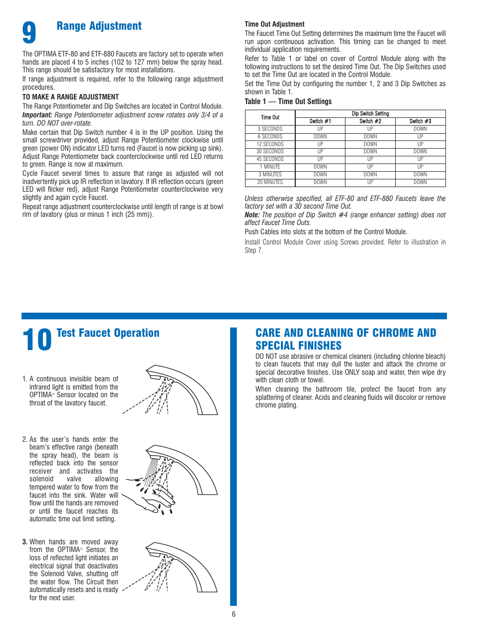 Range adjustment, Test faucet operation, Care and cleaning of chrome and special finishes | Sloan ETF-80 Faucet User Manual | Page 6 / 8