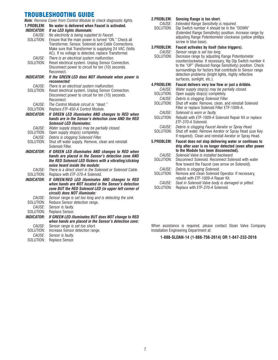 Troubleshooting guide | Sloan ETF-80 Faucet User Manual | Page 7 / 8