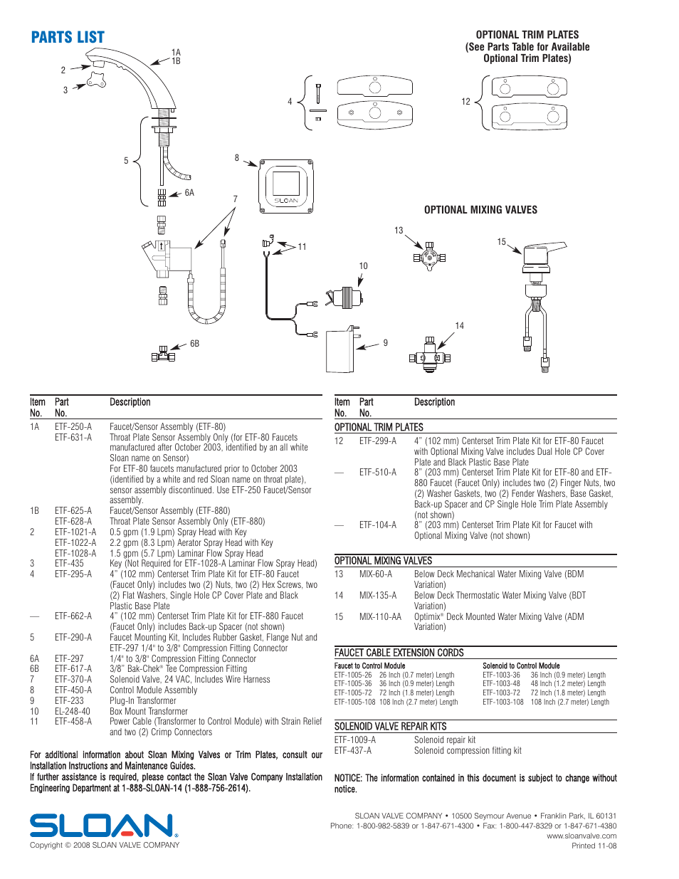 Parts list | Sloan ETF-80 Faucet User Manual | Page 8 / 8