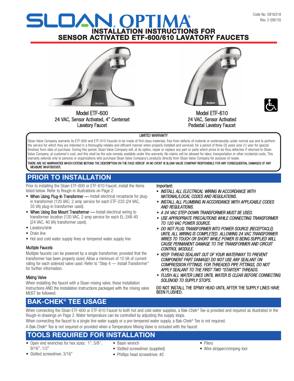 Sloan ETF-600 Faucet User Manual | 8 pages