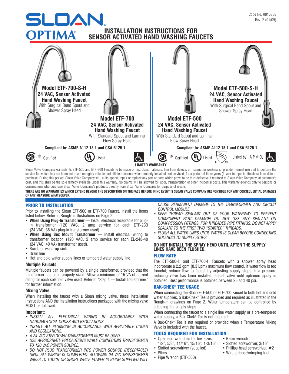 Sloan ETF-500 Faucet User Manual | 9 pages