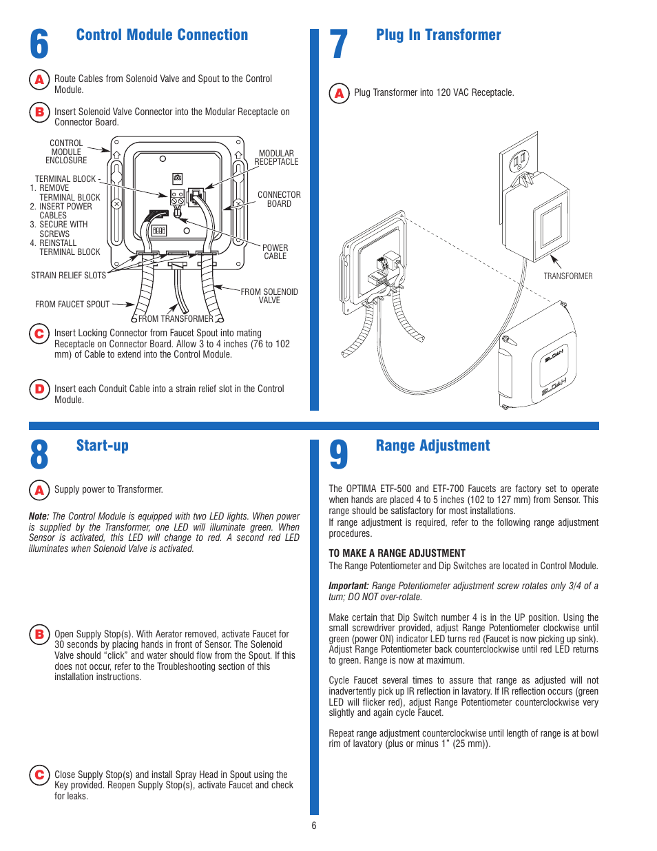 Range adjustment, Control module connection, Plug in transformer | Start-up | Sloan ETF-500 Faucet User Manual | Page 6 / 9