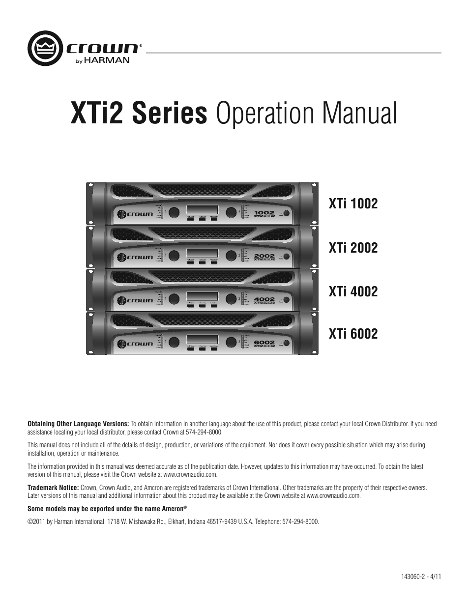 Crown XTi 2 Series User Manual | 52 pages