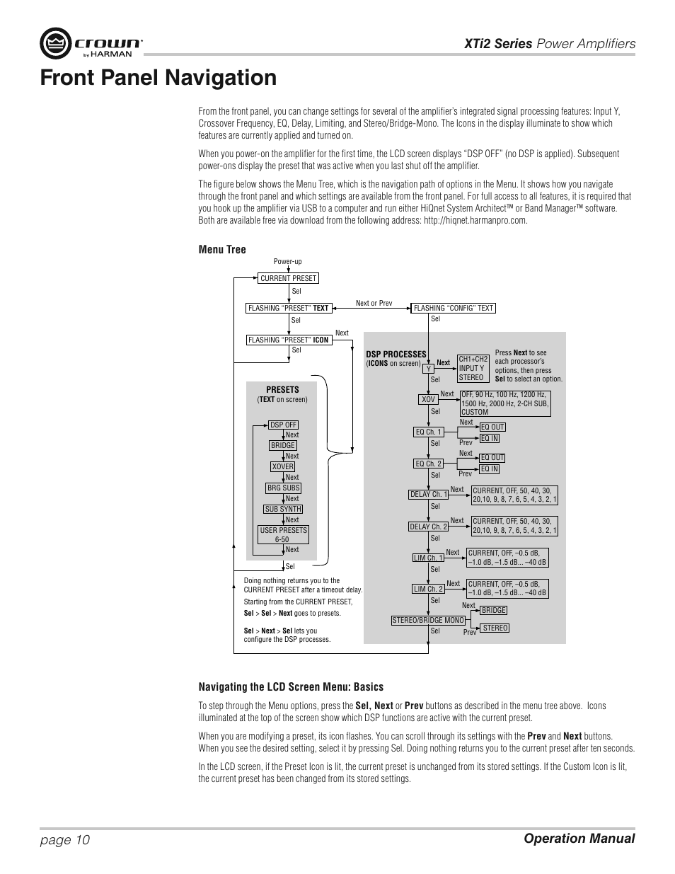 Front panel navigation, Menu tree, Menu tree navigating the lcd screen menu: basics | Crown XTi 2 Series User Manual | Page 10 / 52