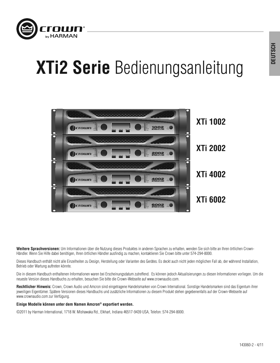 Xti2 serie bedienungsanleitung | Crown XTi 2 Series User Manual | Page 13 / 52