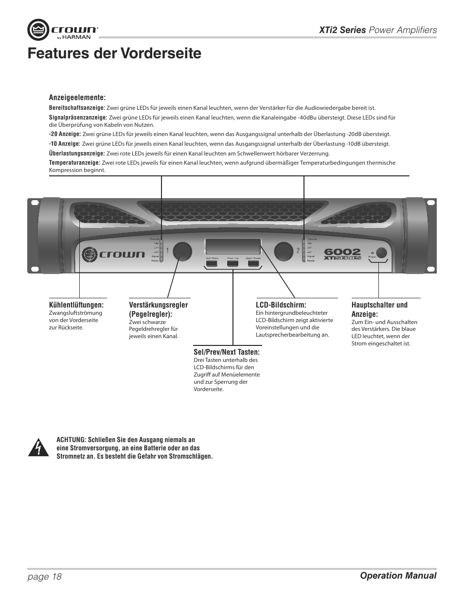 Features der vorderseite | Crown XTi 2 Series User Manual | Page 18 / 52