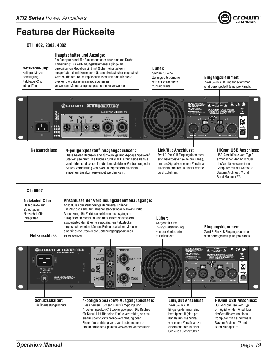 Features der rückseite | Crown XTi 2 Series User Manual | Page 19 / 52