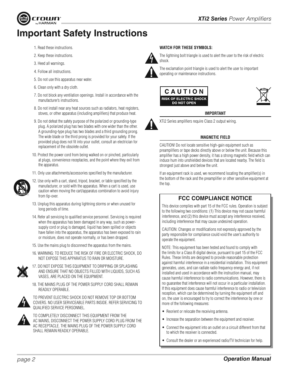 Important safety instructions | Crown XTi 2 Series User Manual | Page 2 / 52