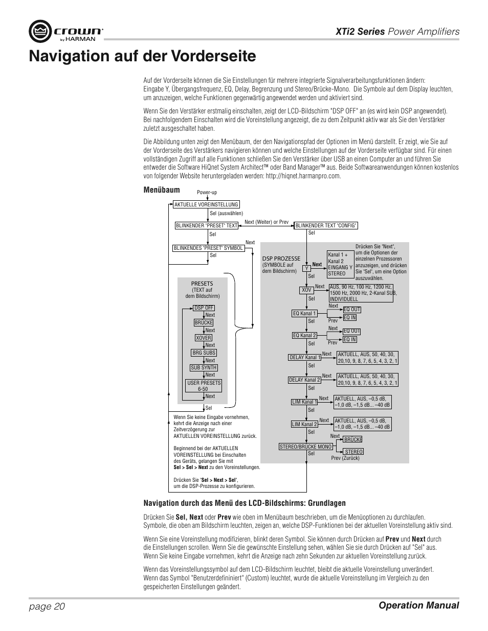 Navigation auf der vorderseite, Menu tree | Crown XTi 2 Series User Manual | Page 20 / 52