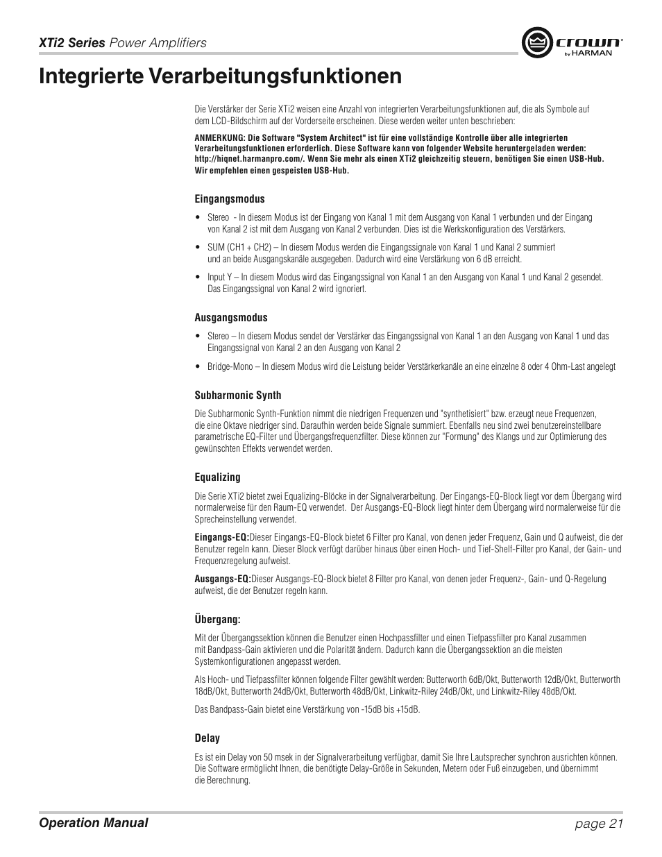 Integrierte verarbeitungsfunktionen | Crown XTi 2 Series User Manual | Page 21 / 52