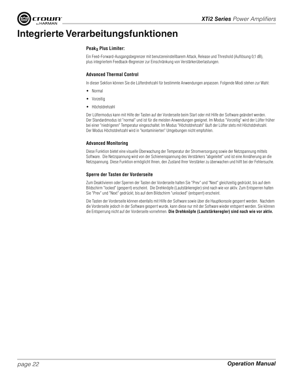 Integrierte verarbeitungsfunktionen | Crown XTi 2 Series User Manual | Page 22 / 52