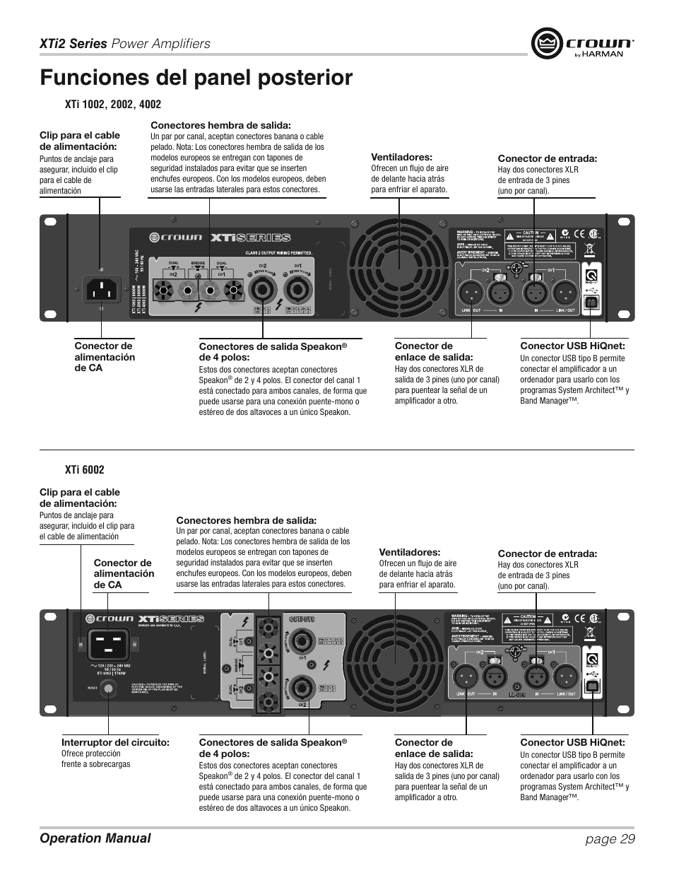 Funciones del panel posterior | Crown XTi 2 Series User Manual | Page 29 / 52