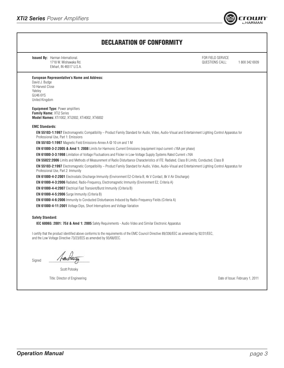 Declaration of conformity | Crown XTi 2 Series User Manual | Page 3 / 52