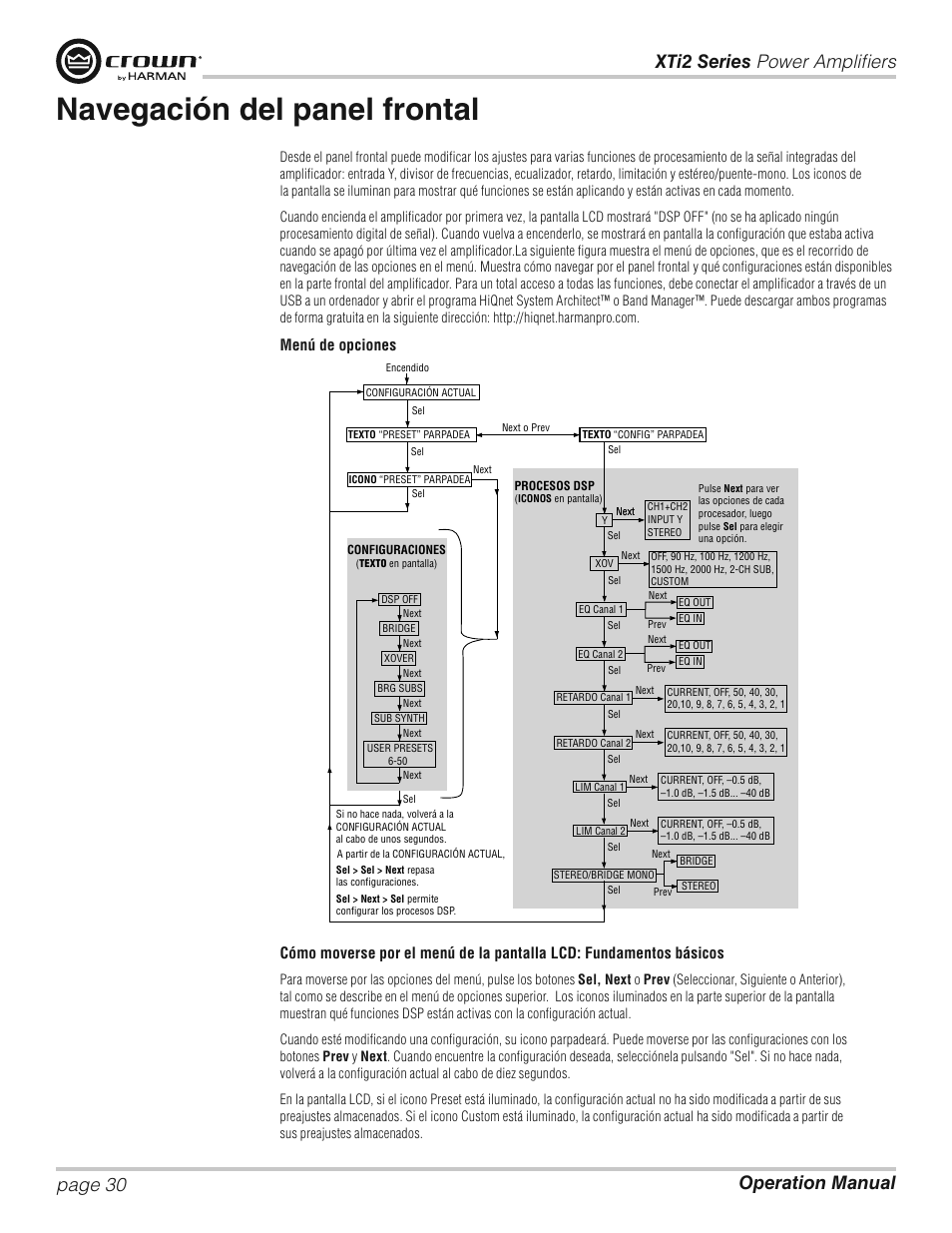 Navegación del panel frontal, Menu tree | Crown XTi 2 Series User Manual | Page 30 / 52