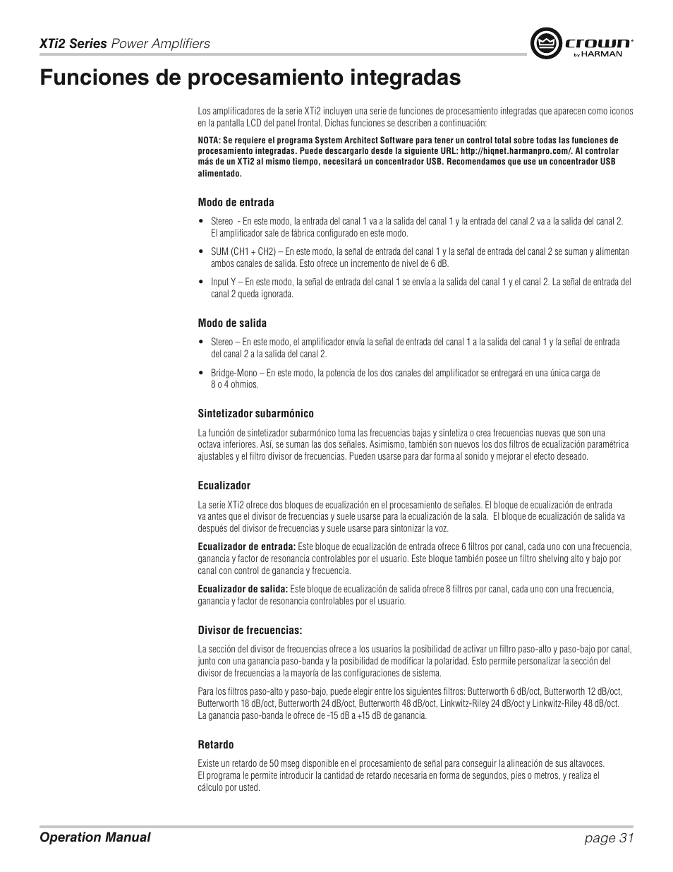 Funciones de procesamiento integradas | Crown XTi 2 Series User Manual | Page 31 / 52