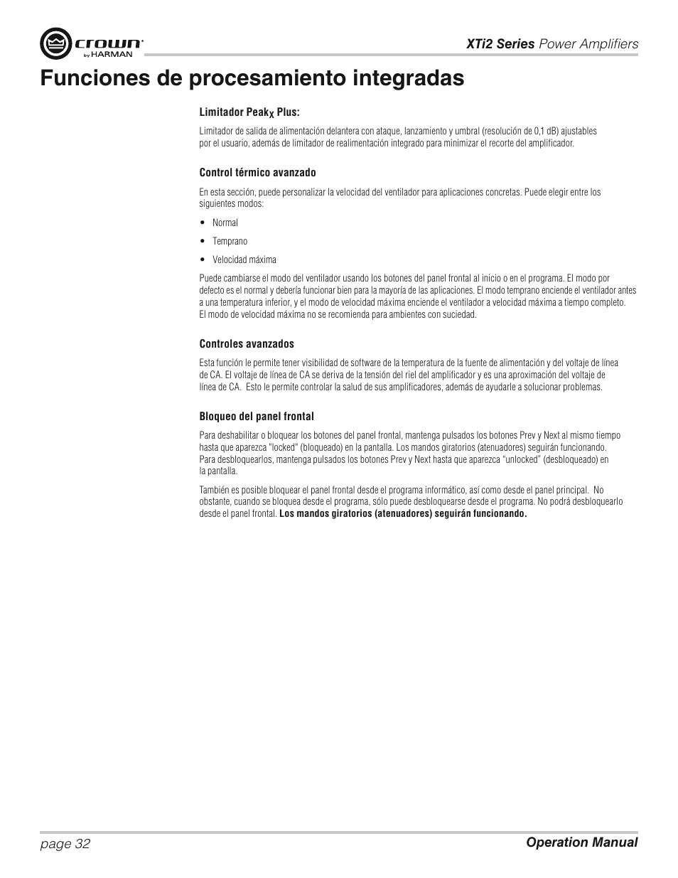 Funciones de procesamiento integradas | Crown XTi 2 Series User Manual | Page 32 / 52