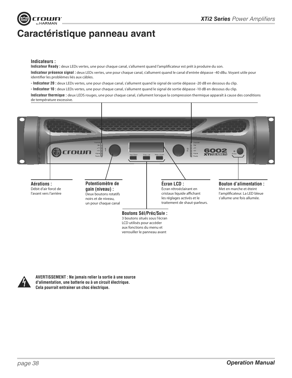 Caractéristique panneau avant | Crown XTi 2 Series User Manual | Page 38 / 52