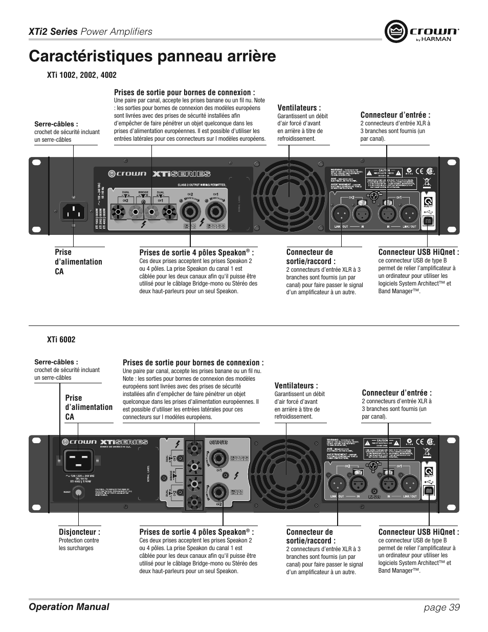 Caractéristiques panneau arrière | Crown XTi 2 Series User Manual | Page 39 / 52