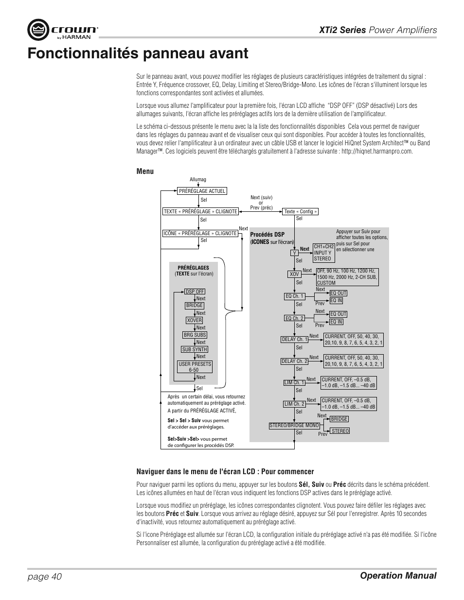 Fonctionnalités panneau avant, Menu tree | Crown XTi 2 Series User Manual | Page 40 / 52