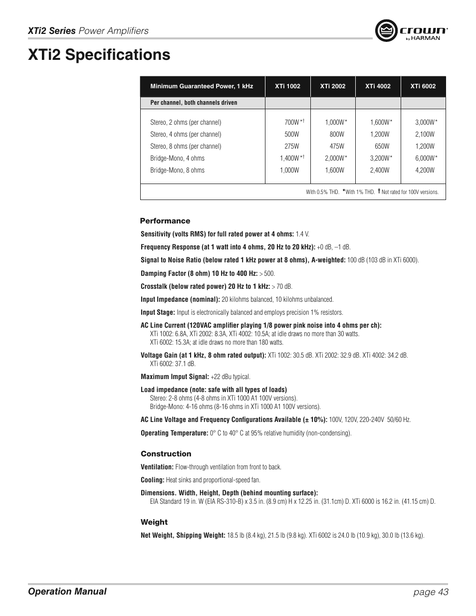 Xti2 specifications | Crown XTi 2 Series User Manual | Page 43 / 52