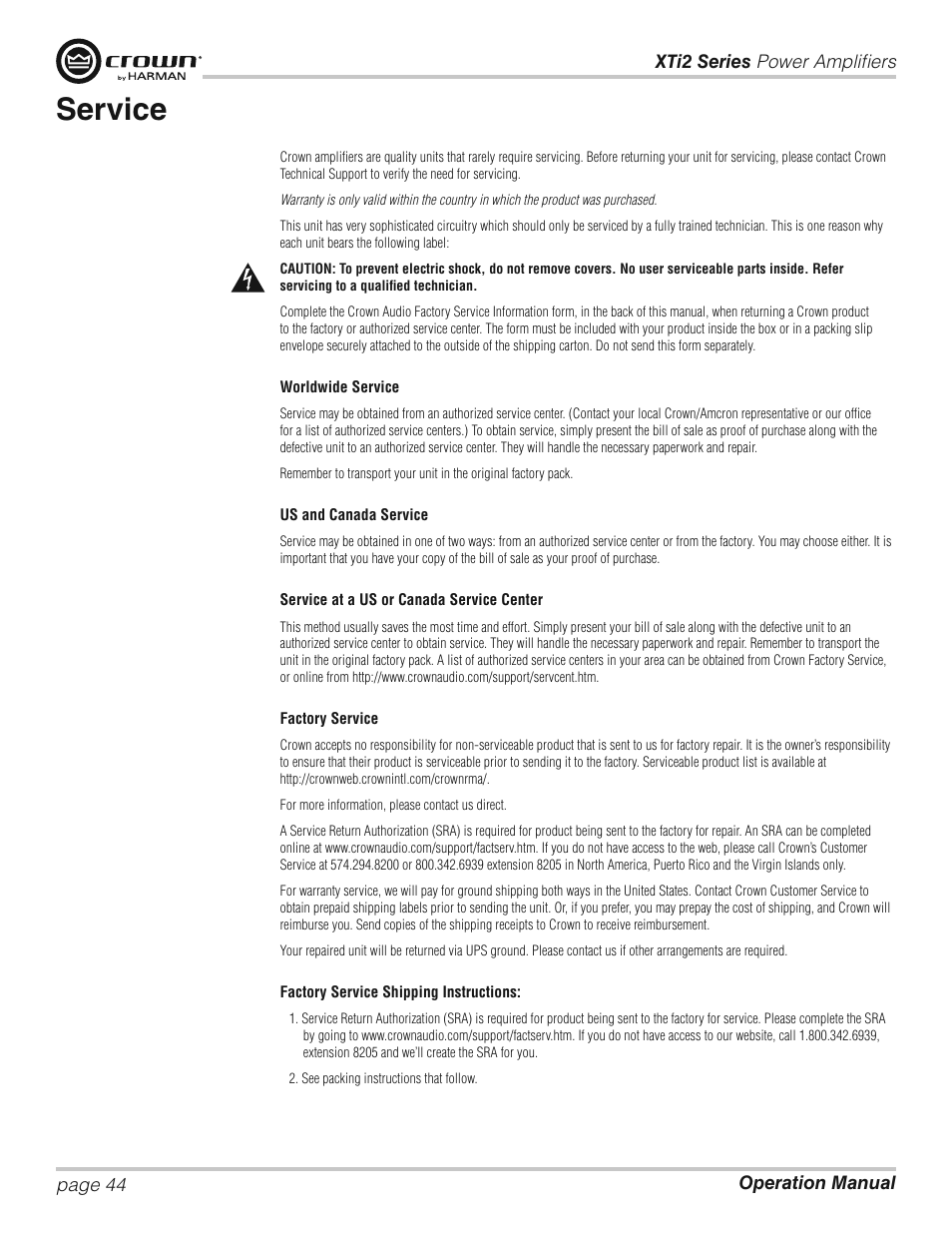 Service | Crown XTi 2 Series User Manual | Page 44 / 52