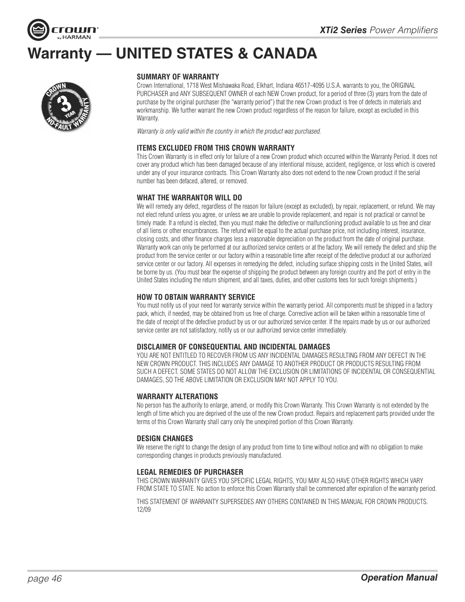 Warranty — united states & canada | Crown XTi 2 Series User Manual | Page 46 / 52