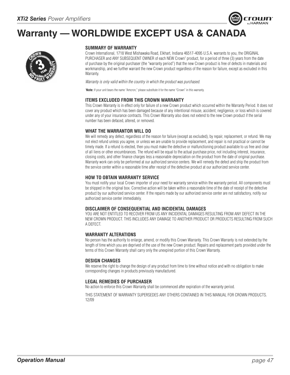 Warranty — worldwide except usa & canada | Crown XTi 2 Series User Manual | Page 47 / 52