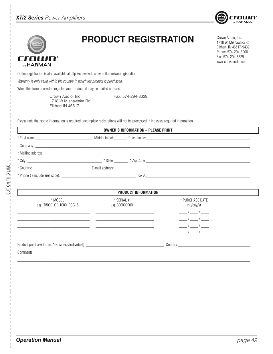 Product registration | Crown XTi 2 Series User Manual | Page 49 / 52