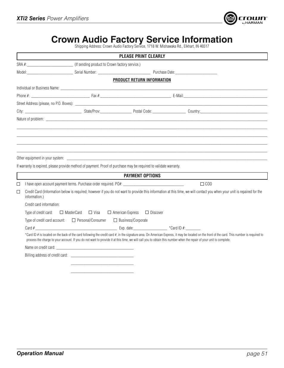 Crown audio factory service information | Crown XTi 2 Series User Manual | Page 51 / 52