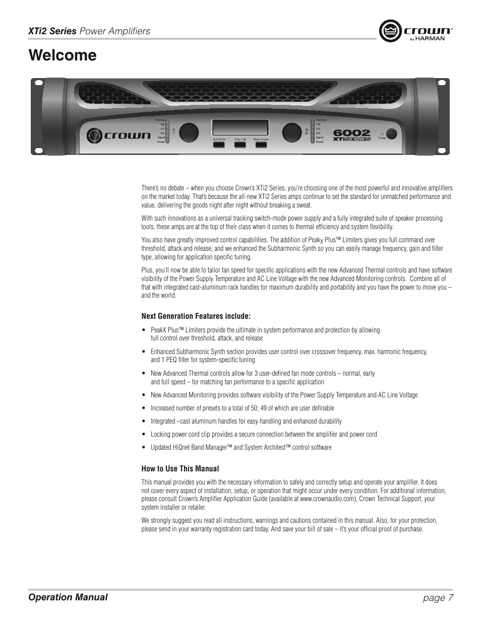 Welcome | Crown XTi 2 Series User Manual | Page 7 / 52