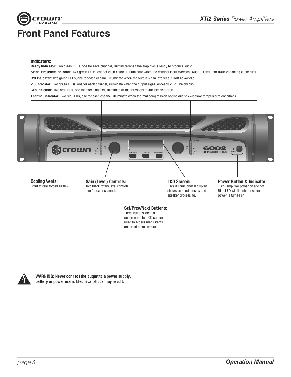 Front panel features | Crown XTi 2 Series User Manual | Page 8 / 52