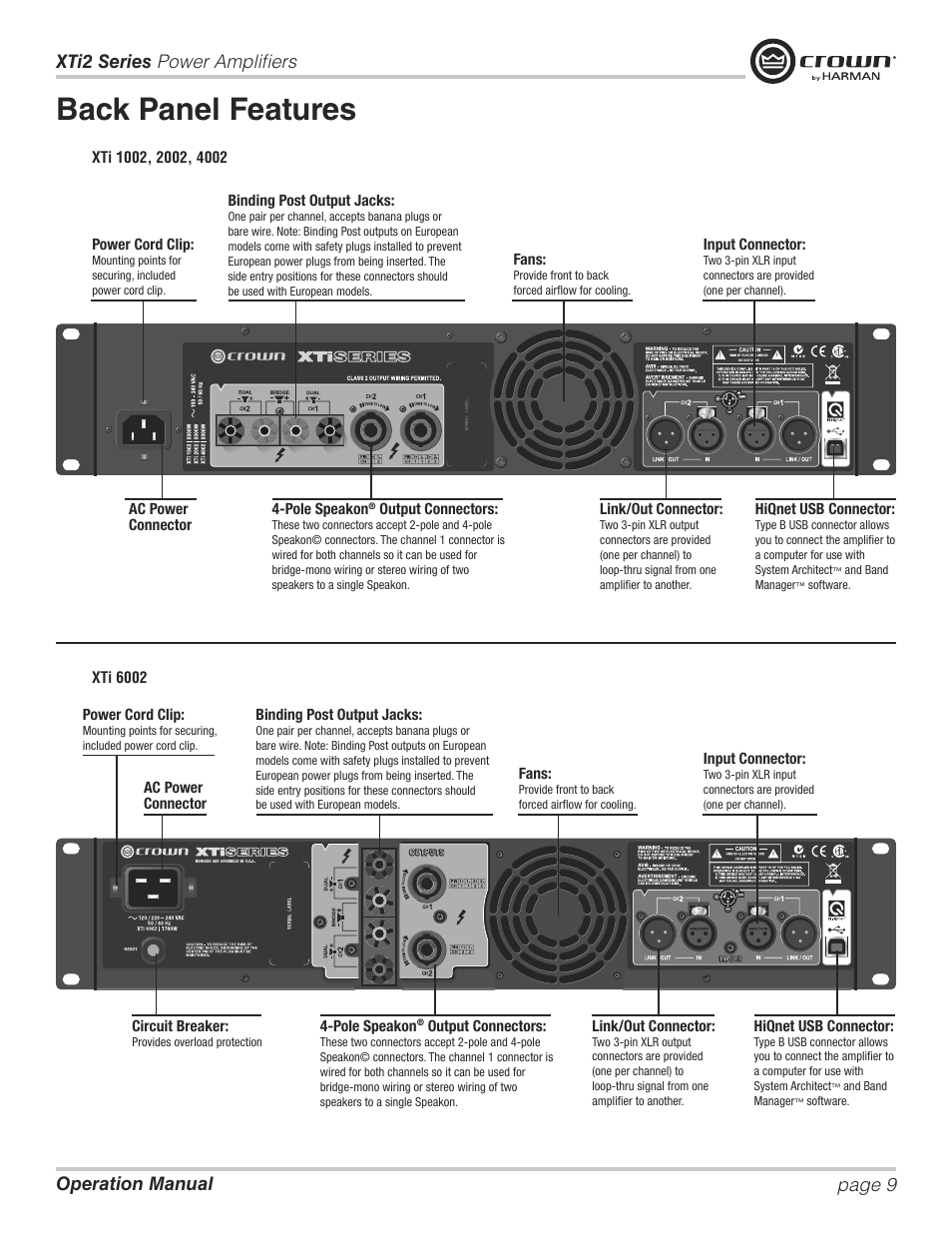 Back panel features | Crown XTi 2 Series User Manual | Page 9 / 52