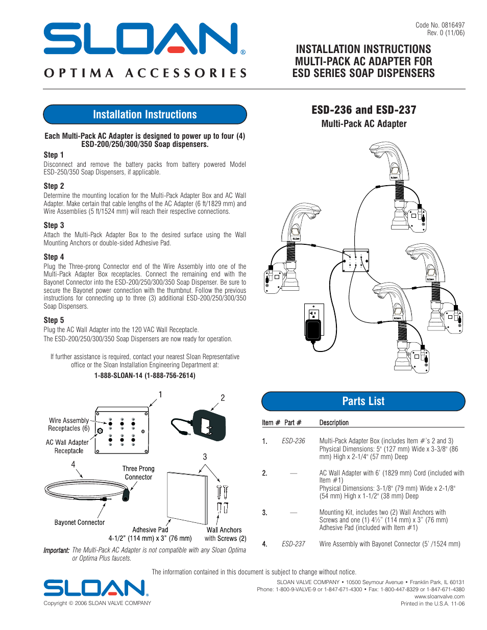 Sloan ESD-236 Multi-Pack User Manual | 1 page