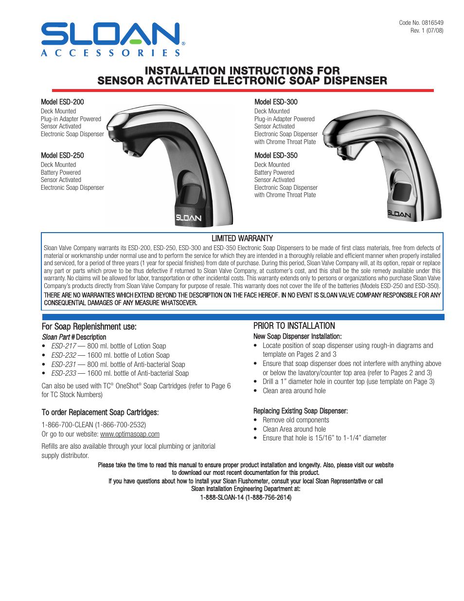 Sloan ESD-200 Installaton User Manual | 6 pages