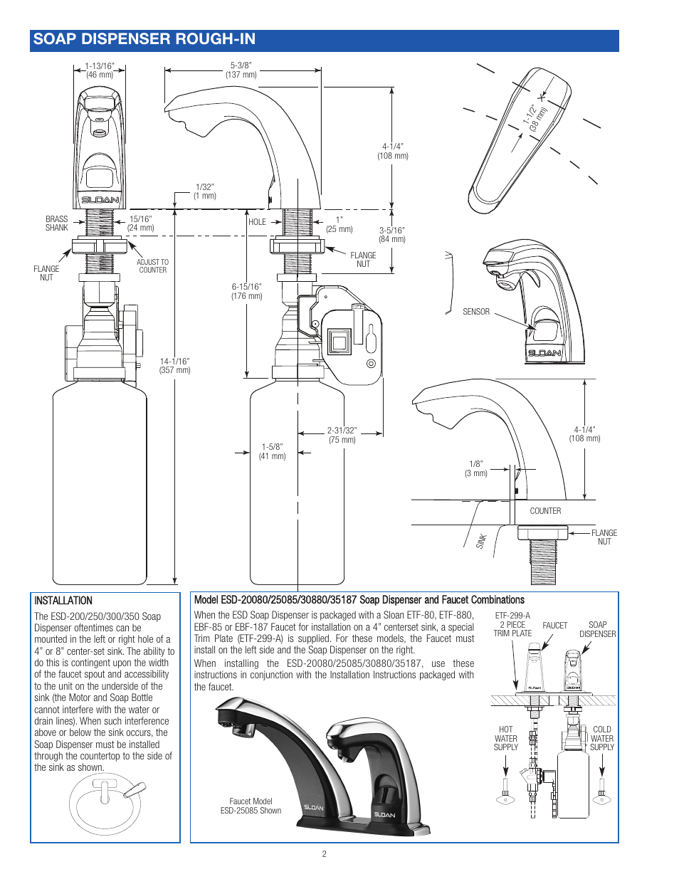 Soap dispenser rough-in | Sloan ESD-200 Installaton User Manual | Page 2 / 6