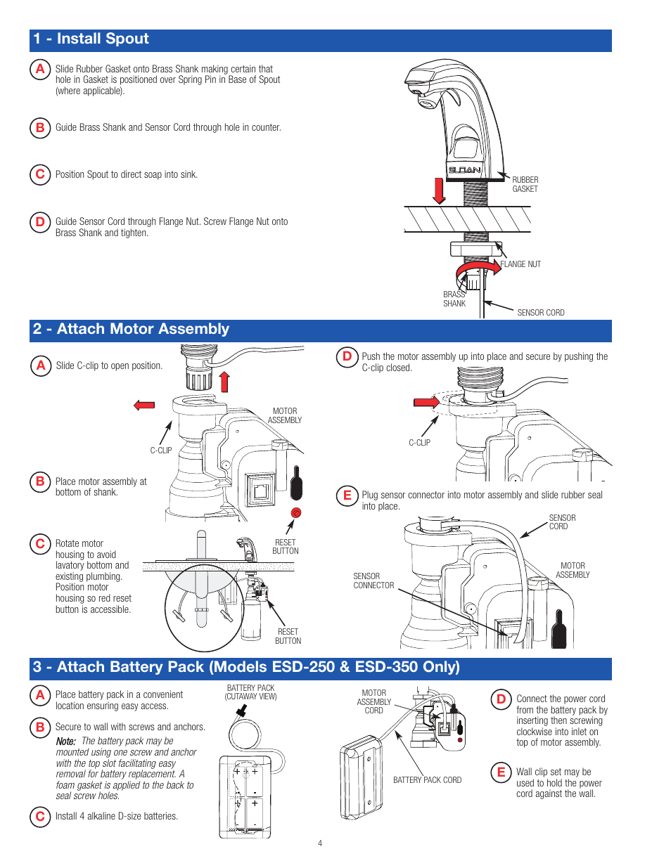 1 - install spout 2 - attach motor assembly | Sloan ESD-200 Installaton User Manual | Page 4 / 6
