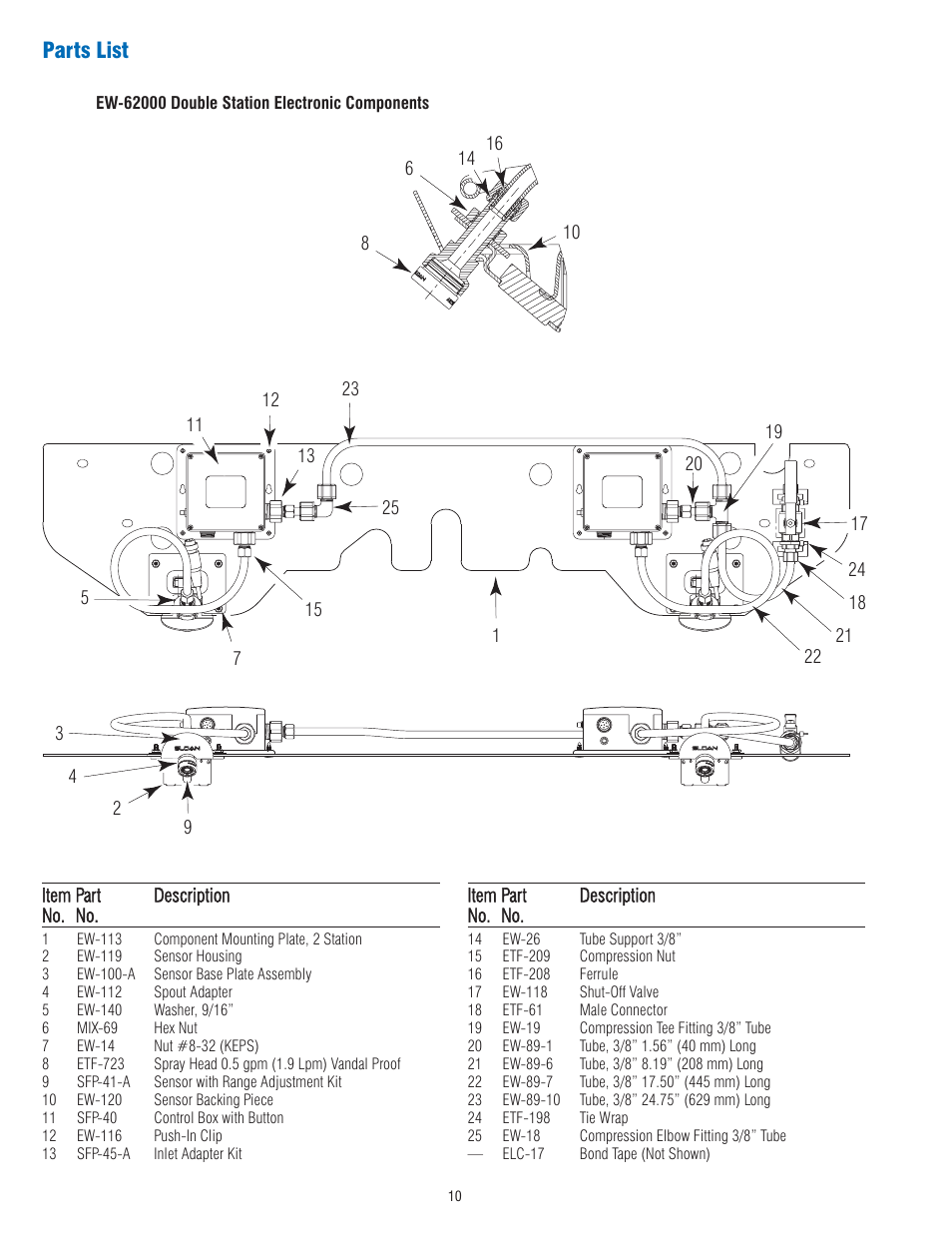 Parts list | Sloan EW-62000 Installaton User Manual | Page 10 / 12