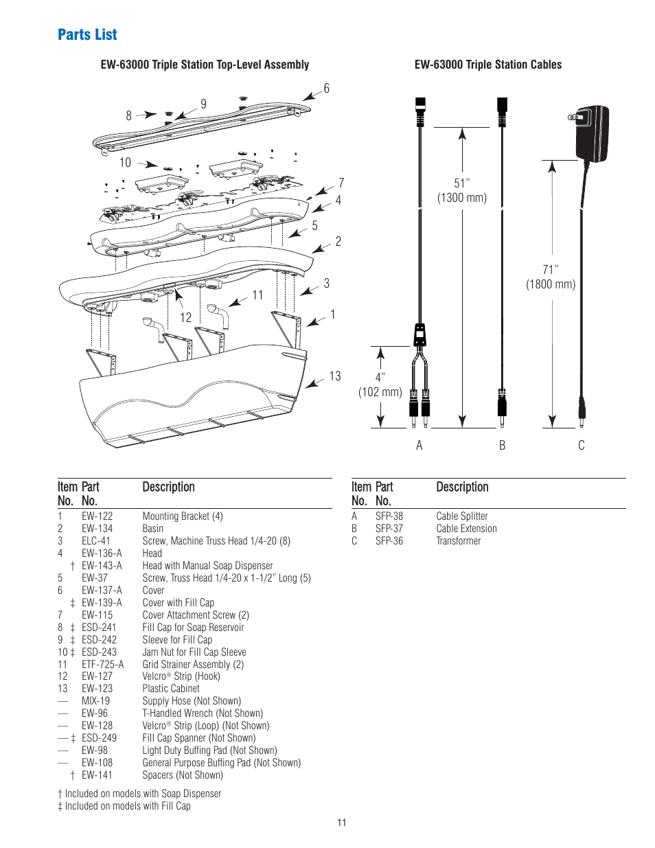 Parts list | Sloan EW-62000 Installaton User Manual | Page 11 / 12