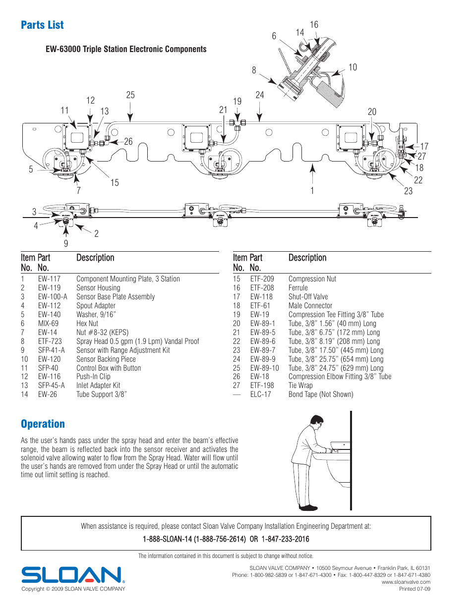 Parts list, Operation | Sloan EW-62000 Installaton User Manual | Page 12 / 12