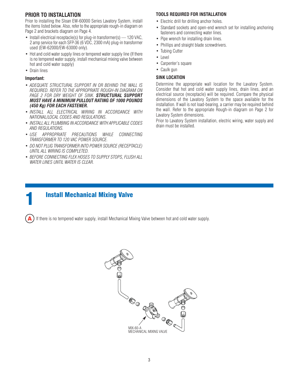 Install mechanical mixing valve | Sloan EW-62000 Installaton User Manual | Page 3 / 12