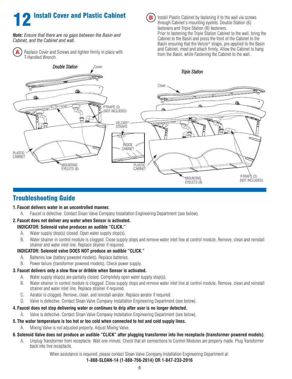 Troubleshooting guide, Install cover and plastic cabinet | Sloan EW-62000 Installaton User Manual | Page 8 / 12