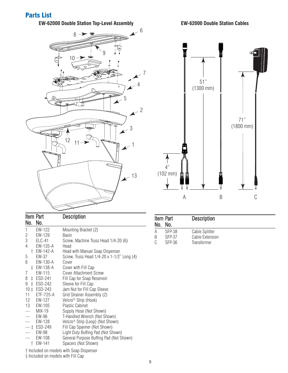 Parts list | Sloan EW-62000 Installaton User Manual | Page 9 / 12